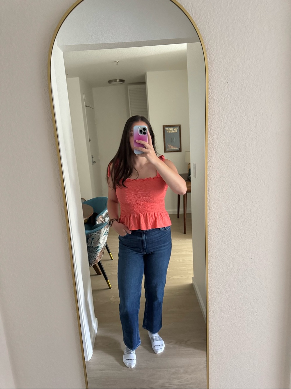 Bar III Coral Smocked Peplum Bandeau Tank